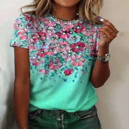 Women's Casual Floral Print T-Shirt Light Blue Watercolor Flower O-Neck Short Sleeve Tops Breathable Soft Daily Wear Tees
