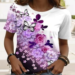 Women's Casual Floral Print T-Shirt Light Blue Watercolor Flower O-Neck Short Sleeve Tops Breathable Soft Daily Wear Tees