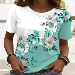 Women's Casual Floral Print T-Shirt Light Blue Watercolor Flower O-Neck Short Sleeve Tops Breathable Soft Daily Wear Tees