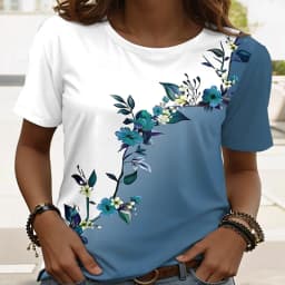 Women's Casual Floral Print T-Shirt Light Blue Watercolor Flower O-Neck Short Sleeve Tops Breathable Soft Daily Wear Tees