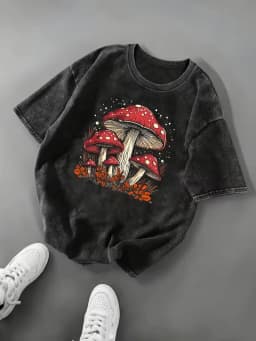 Psychedelic Eye Mushroom Print T-Shirt Unisex Washed Black Oversized Tee Y2K Streetwear Shirt for Edgy Grunge Aesthetic
