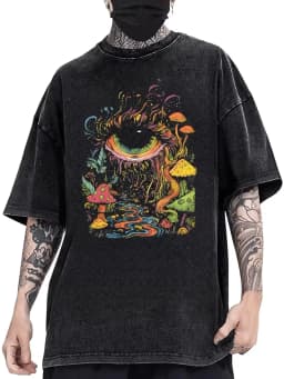 Psychedelic Eye Mushroom Print T-Shirt Unisex Washed Black Oversized Tee Y2K Streetwear Shirt for Edgy Grunge Aesthetic