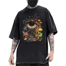 Psychedelic Eye Mushroom Print T-Shirt Unisex Washed Black Oversized Tee Y2K Streetwear Shirt for Edgy Grunge Aesthetic