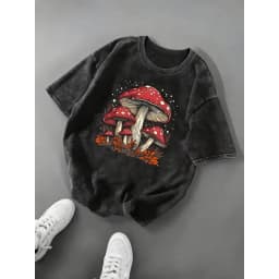 Psychedelic Eye Mushroom Print T-Shirt Unisex Washed Black Oversized Tee Y2K Streetwear Shirt for Edgy Grunge Aesthetic