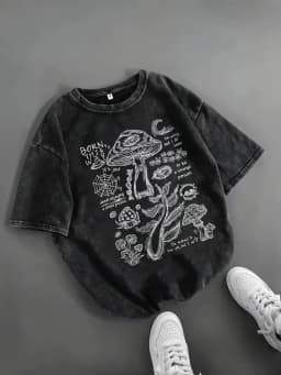 Psychedelic Eye Mushroom Print T-Shirt Unisex Washed Black Oversized Tee Y2K Streetwear Shirt for Edgy Grunge Aesthetic
