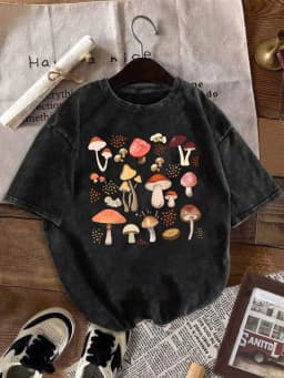 Psychedelic Eye Mushroom Print T-Shirt Unisex Washed Black Oversized Tee Y2K Streetwear Shirt for Edgy Grunge Aesthetic
