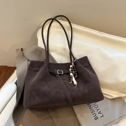 Vintage Brown Leather Tote Bag with Beaded Bag Charm Buckle Detail Large Capacity Shoulder Purse for Work Commuter Daily Use