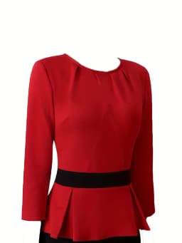 Women Elegan 3/4 Sleeve Round Neck Color Block Knee Length Cocktail Party Work Business Pleated Waistband Slim Pencil Dress