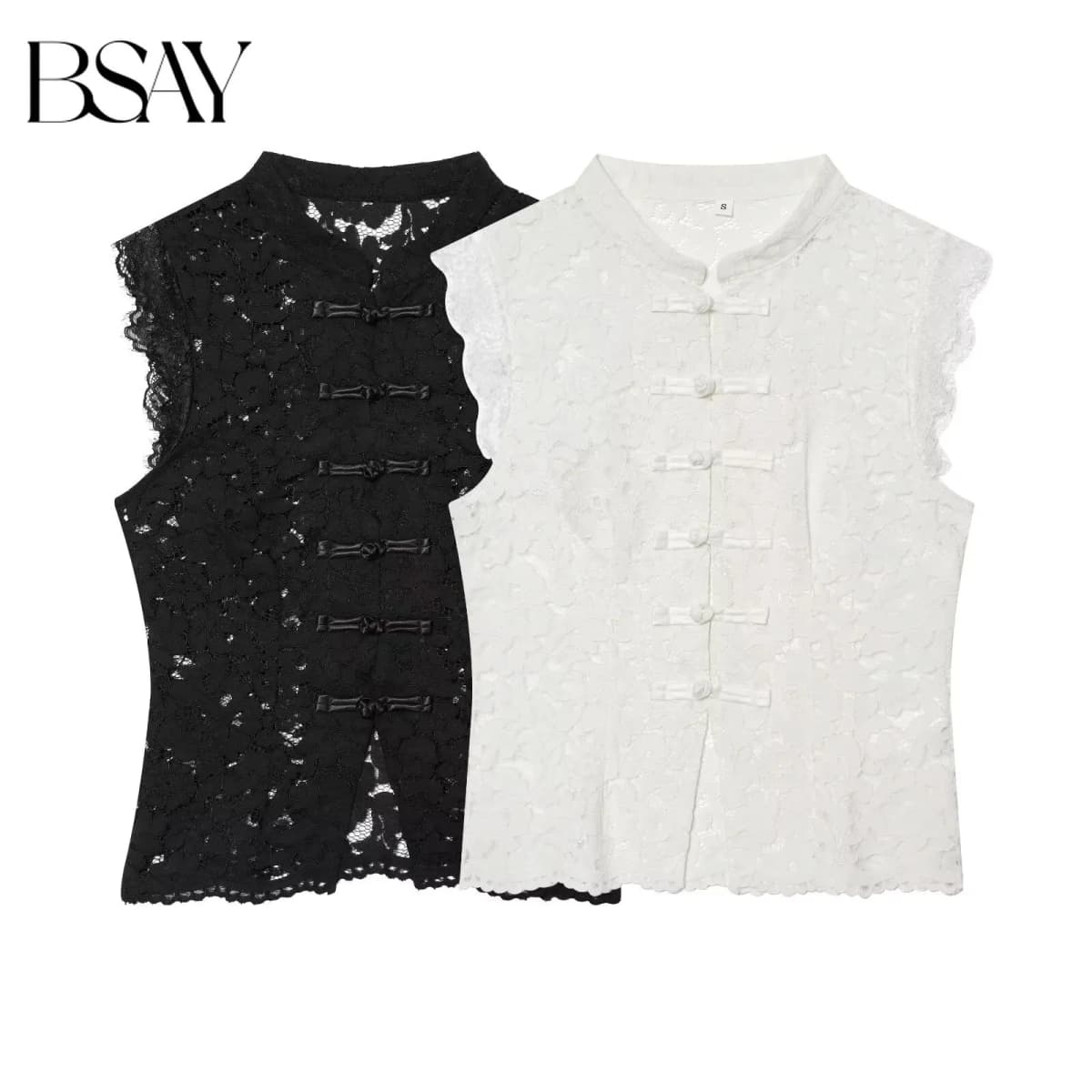 BSAY Women's Clothing Fashion Chinese Style White Vest Summer New Stand Up Collar Hollow Lace Sleeveless Chic Female Tank Top