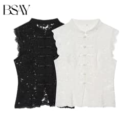 BSAY Women's Clothing Fashion Chinese Style White Vest Summer New Stand Up Collar Hollow Lace Sleeveless Chic Female Tank Top