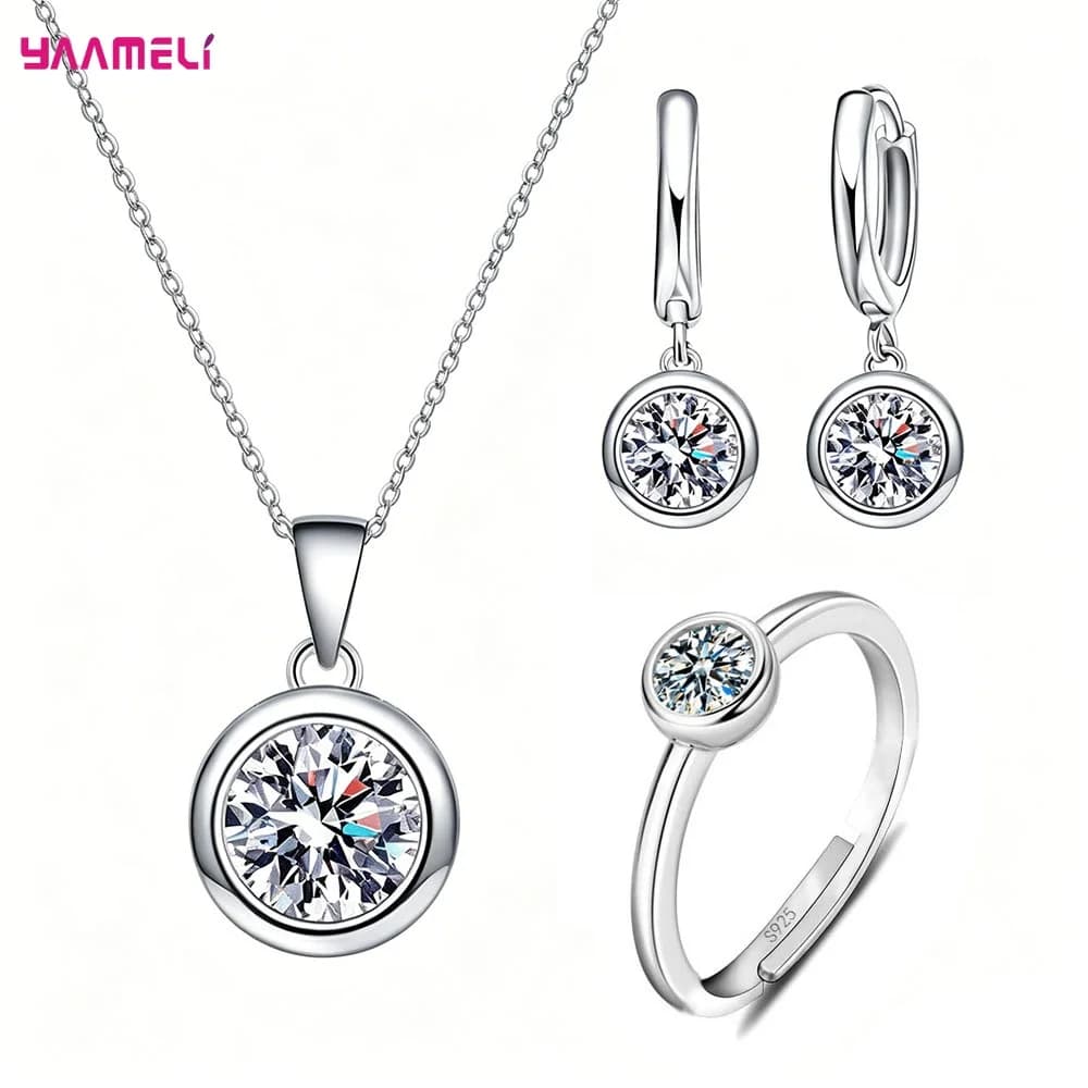 100% Pure S925 Silver Round Cubic Zircon Pendant Necklace Earrings Ring Jewelry Sets for Woman Wedding Engagement