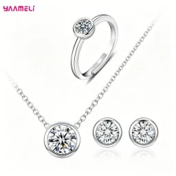 100% Pure S925 Silver Round Cubic Zircon Pendant Necklace Earrings Ring Jewelry Sets for Woman Wedding Engagement