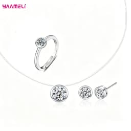 100% Pure S925 Silver Round Cubic Zircon Pendant Necklace Earrings Ring Jewelry Sets for Woman Wedding Engagement