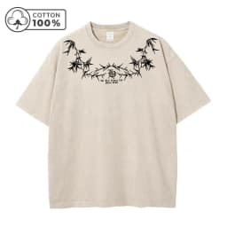Men's Street Style Washed T-Shirt With Unique Bamboo Leaf Print Retro Pure Cotton Short Sleeve Top Casual Daily Commute