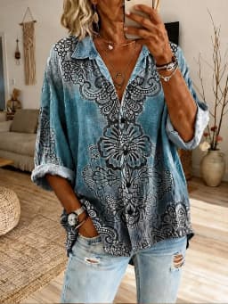 Women's Collar Long Sleeve Vintage Floral Print Shirt with Buttons, Casual Daily Work Tops for Spring Summer Tropical Style