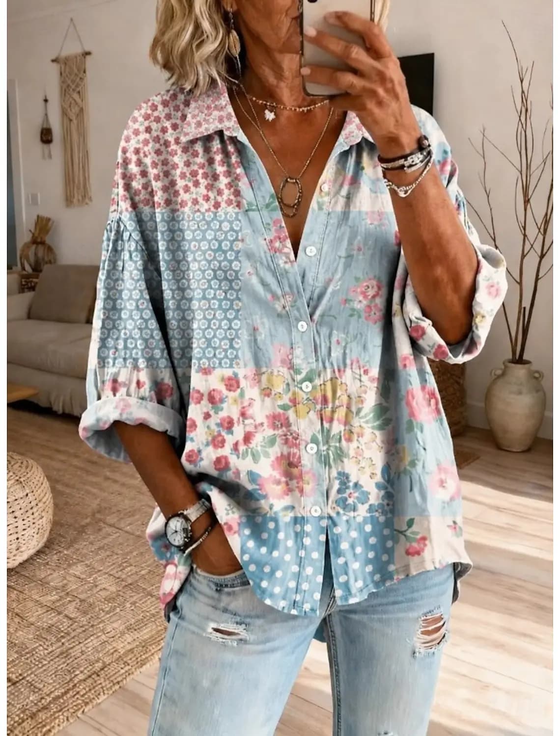 Women's Collar Long Sleeve Vintage Floral Print Shirt with Buttons, Casual Daily Work Tops for Spring Summer Tropical Style
