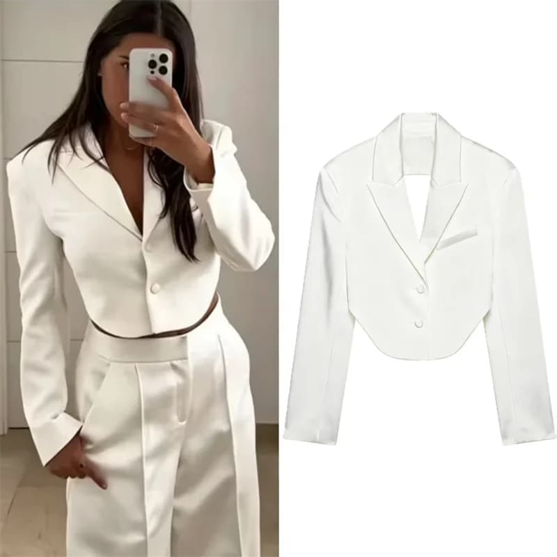 Women's Jacket 2026 Summer New White Long-Sleeve Satin Texture Sexy Backless Short Blazer Personalized Fashion Hot Sale