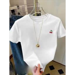 White Casual and Fashionable Women's Cherry Print T-shirt Suitable for Casual Spring and Summer Loose and Breathable Women's Top