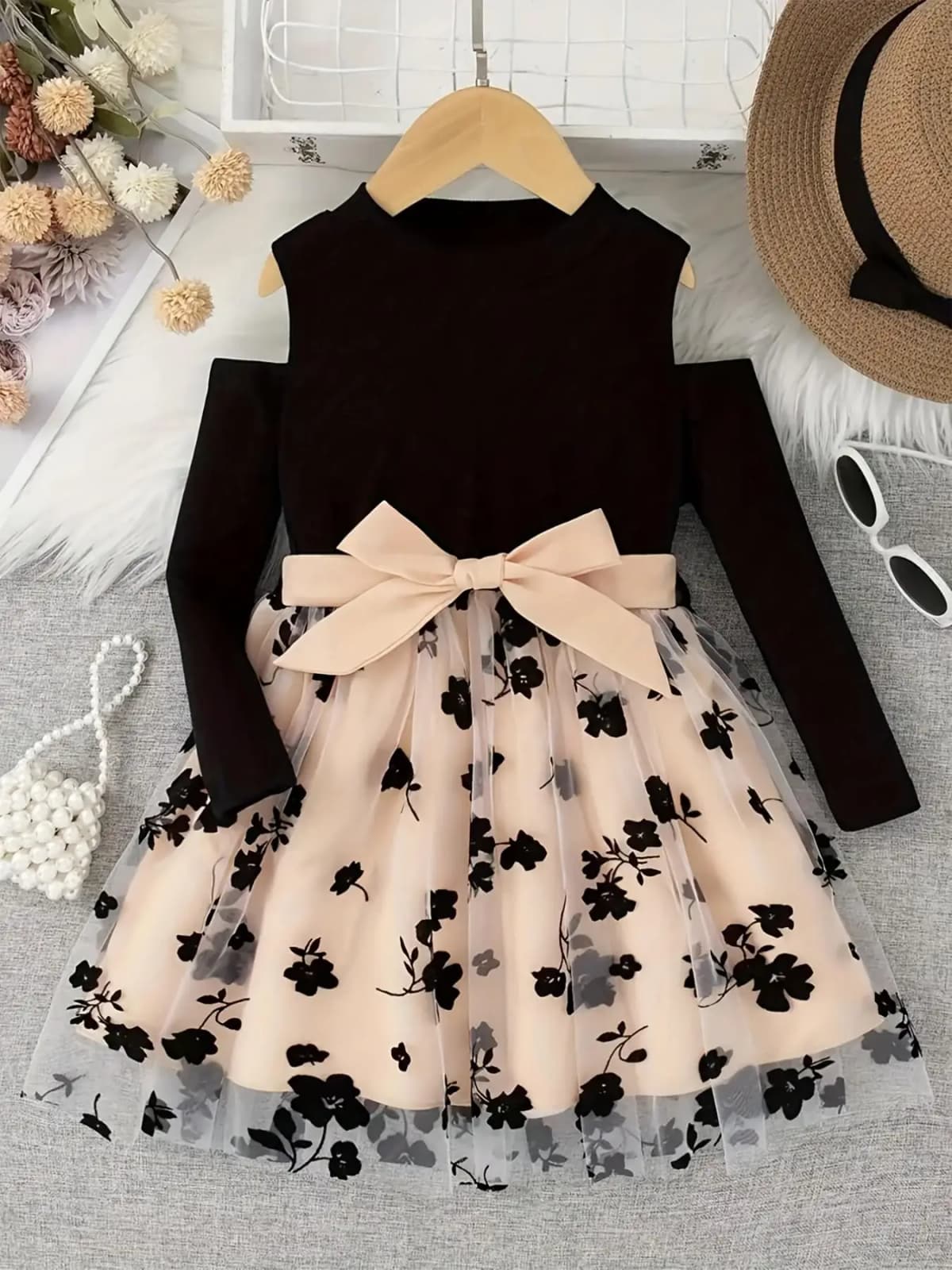 Girls Flowers Mesh Stitching Round Neck Long Sleeve Midi Dress Elegant Fashion Dress With Belt For Spring Fall