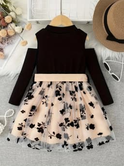 Girls Flowers Mesh Stitching Round Neck Long Sleeve Midi Dress Elegant Fashion Dress With Belt For Spring Fall
