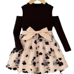 Girls Flowers Mesh Stitching Round Neck Long Sleeve Midi Dress Elegant Fashion Dress With Belt For Spring Fall