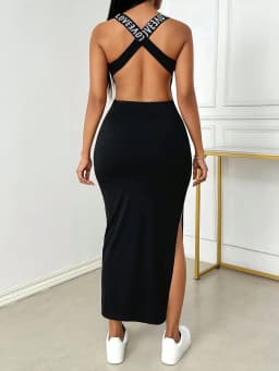 Women's shoulder strap printed letter floral back criss-cross hollow out maxi dress