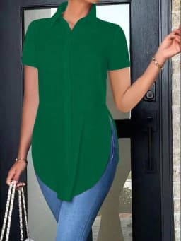 Women's Short Sleeve Button Down Shirt with Lapel Collar and Side Split Hem Casual Office Blouse