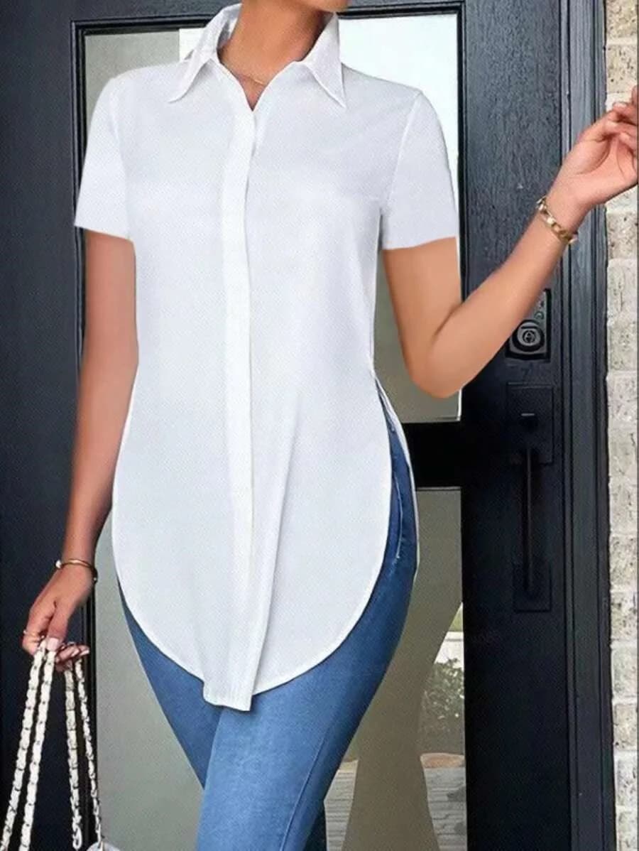 Women's Short Sleeve Button Down Shirt with Lapel Collar and Side Split Hem Casual Office Blouse