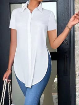 Women's Short Sleeve Button Down Shirt with Lapel Collar and Side Split Hem Casual Office Blouse