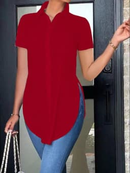 Women's Short Sleeve Button Down Shirt with Lapel Collar and Side Split Hem Casual Office Blouse