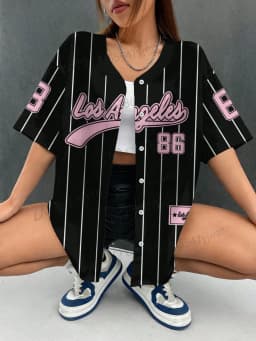 2026 Summer Stripe Los Angeles 86 Printed Women Streetwear Baseball Shirt Hip Hop Short Sleeve Button Up Tops