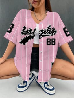 2026 Summer Stripe Los Angeles 86 Printed Women Streetwear Baseball Shirt Hip Hop Short Sleeve Button Up Tops
