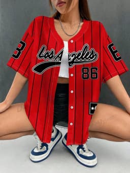 2026 Summer Stripe Los Angeles 86 Printed Women Streetwear Baseball Shirt Hip Hop Short Sleeve Button Up Tops