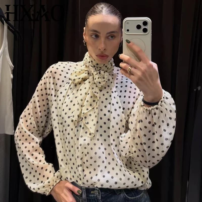HXAO Polka Dot Oversized Top Women's Blouse Summer 2026 Boho Brown White Shirt Chiffon See -Through Long Sleeve Tops For Woman