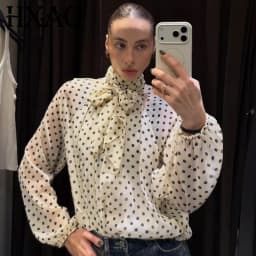 HXAO Polka Dot Oversized Top Women's Blouse Summer 2026 Boho Brown White Shirt Chiffon See -Through Long Sleeve Tops For Woman