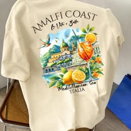 Men's new pure cotton crew-neck short-sleeved t-shirt with Amalfi Coast Italian lemon print, suitable for vacationand casualwear