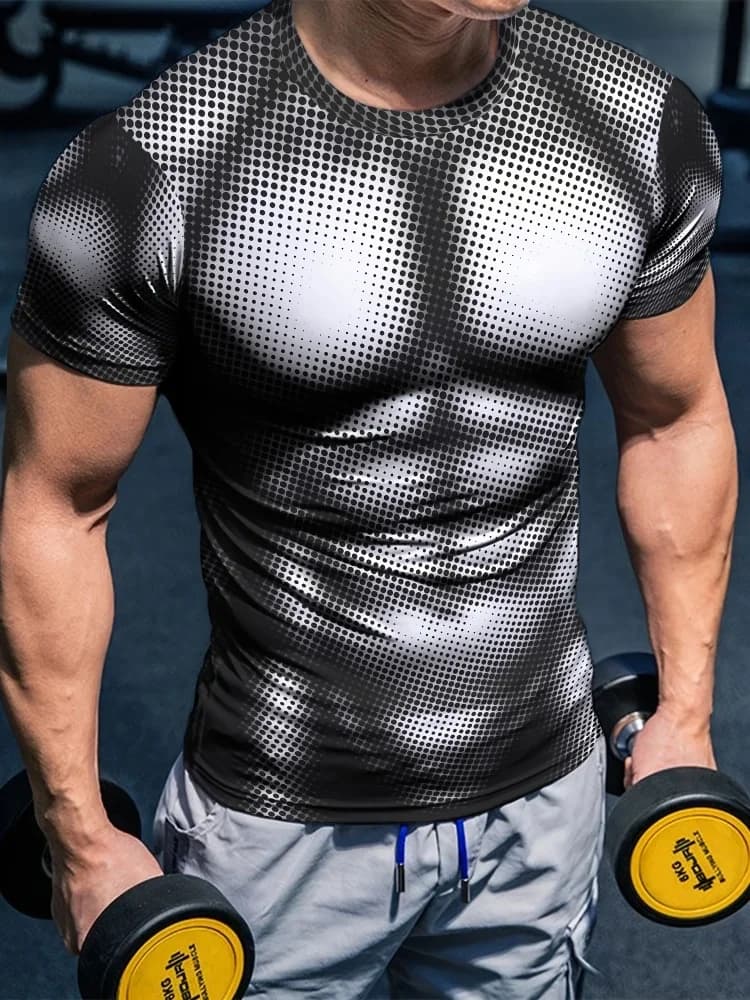 2026 New Fashion Men's Sports Short Sleeved T-shirt 3D Muscle Print Tee Breathable Fitness Tops Outdoor Quick Dry Running Tees