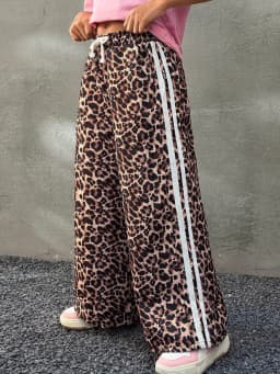 Kids Girls Leopard Print Wide Leg Pants Elastic Waist Side Stripe Casual Streetwear Trousers