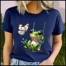 men Women's Cotton 100% frog on the swing Print T-shirt Loose round Neck Casual Short Sleeve Fashion Top Clothing Summer