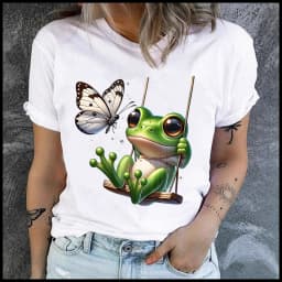 men Women's Cotton 100% frog on the swing Print T-shirt Loose round Neck Casual Short Sleeve Fashion Top Clothing Summer