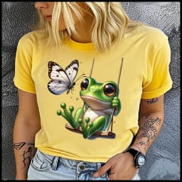men Women's Cotton 100% frog on the swing Print T-shirt Loose round Neck Casual Short Sleeve Fashion Top Clothing Summer