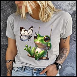 men Women's Cotton 100% frog on the swing Print T-shirt Loose round Neck Casual Short Sleeve Fashion Top Clothing Summer