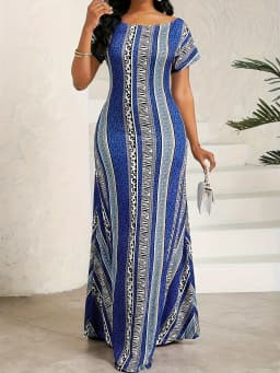 Large-size elegant off-shoulder Ins-print long dress for summer women's wear
