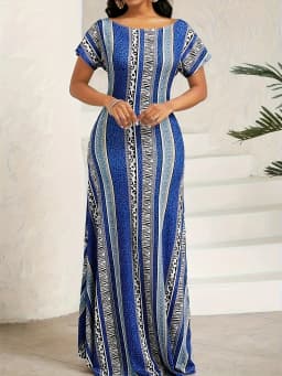 Large-size elegant off-shoulder Ins-print long dress for summer women's wear