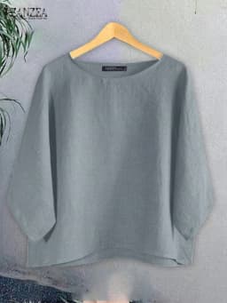 ZANZEA Summer Solid Work Shirts Casual Women Blouses Vintage Loose Tops Elegant O Neck 3/4 Sleeve Blusas Mujer Oversize Chemise