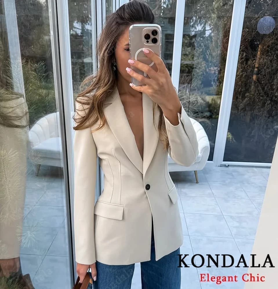 Women Fall Office Slim Blazer Single Button Pockets Blazer Beige Black 2025 Spring Autumn Fashion Commuter Simple Casual Blazer