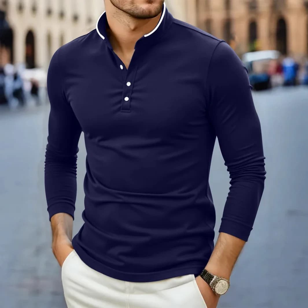 2025 New Men's Casual and Fashionable Solid Color Long Sleeved Stand Up Collar T-shirt Summer Versatile and Comfortable Top