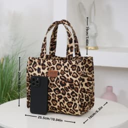 New Retro Leopard Print Large Capacity Lunch Tote Bag with Storage Pouch Commuter Work Handbag Portable Meal Bag