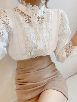 Plus Size Spring Women's Elegant Lantern Sleeve Solid Color Pleated Shirt