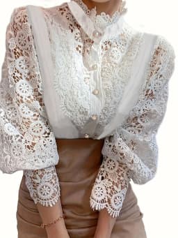 Plus Size Spring Women's Elegant Lantern Sleeve Solid Color Pleated Shirt
